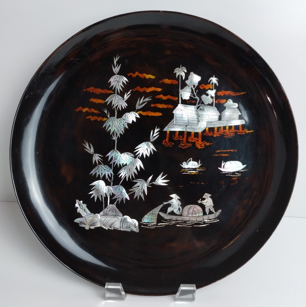 Vtg Asian Lacquer Plate Mother of Pearl Inlay – Fishermen Bamboo Scene 12In READ